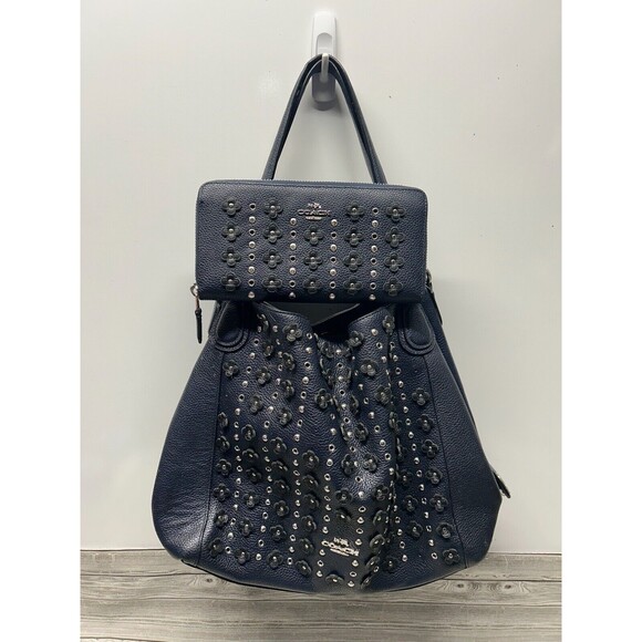 Coach Edie 31 Leather Shoulder Bag in Floral Rivets Navy Blue Handbag & Wallet - Picture 2 of 11